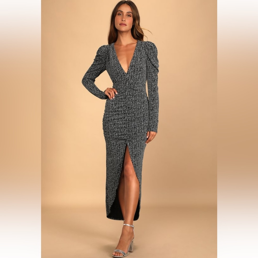 NWT Lulus Party Glam Metallic Silver Ruched Midi Dress